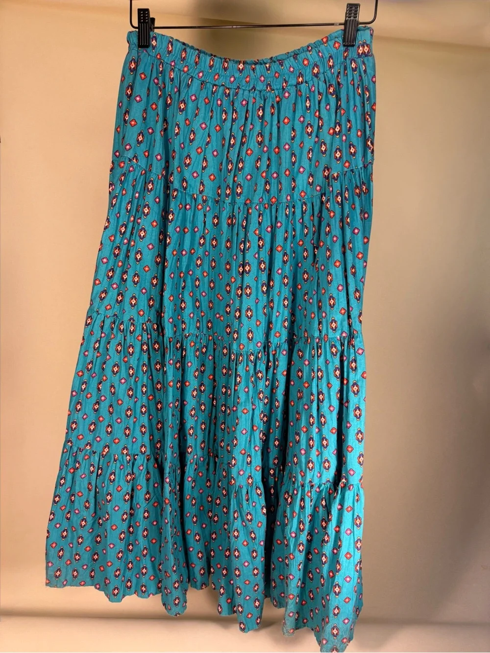 Turquoise Tiered Maxi Skirt with Geo Accent - Picture 1 of 4